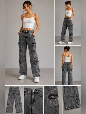 Celebrity Ace Women's Gray Acid Wash Cargo Jeans Size 15/32 Straight Leg Y2K